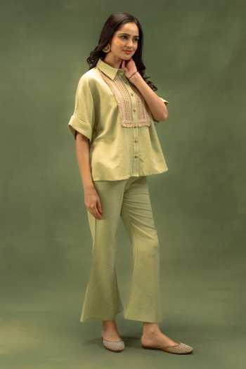 Buy_Grass & Sunshine_Green Linen Collared Neck Sage Meadow Shirt And Pant Co-ord Set _Online_at_Aza_Fashions