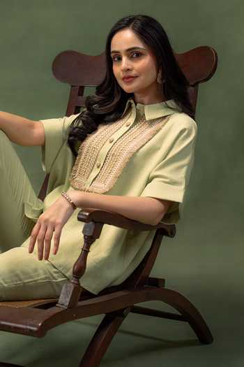 Shop_Grass & Sunshine_Green Linen Collared Neck Sage Meadow Shirt And Pant Co-ord Set _Online_at_Aza_Fashions