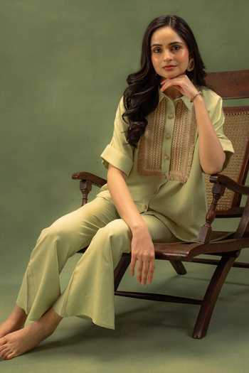 Grass & Sunshine_Green Linen Collared Neck Sage Meadow Shirt And Pant Co-ord Set _at_Aza_Fashions