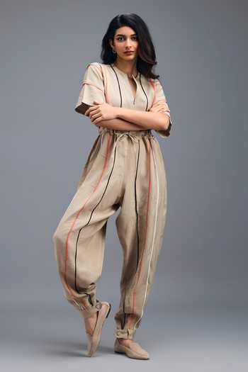 Deepika Arora Beige Linen Zip Front Jumpsuit Online at Aza Fashions Deepika Arora_Beige Linen Zip Front Jumpsuit _Online_at_Aza_Fashions