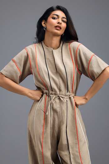 Deepika Arora Beige Linen Zip Front Jumpsuit at Aza Fashions Deepika Arora_Beige Linen Zip Front Jumpsuit _at_Aza_Fashions