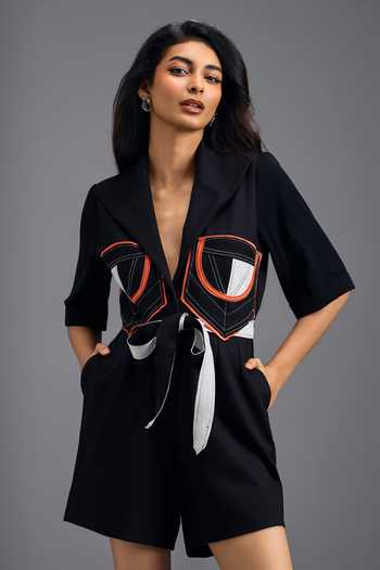 Deepika Arora Black Tailored Color Block Jumpsuit With Belt at Aza Fashions Deepika Arora_Black Tailored Color Block Jumpsuit With Belt _at_Aza_Fashions