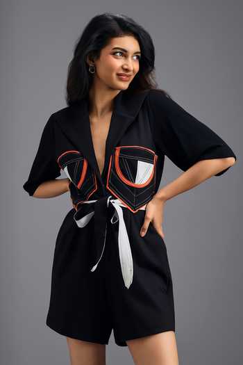 Buy Deepika Arora Black Tailored Color Block Jumpsuit With Belt Buy_Deepika Arora_Black Tailored Color Block Jumpsuit With Belt