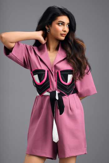 Deepika Arora_Pink Tailored Neon Color Block Jumpsuit With Belt _Online_at_Aza_Fashions