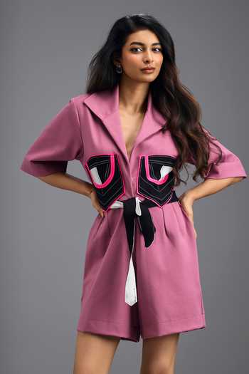 Buy_Deepika Arora_Pink Tailored Neon Color Block Jumpsuit With Belt _Online_at_Aza_Fashions
