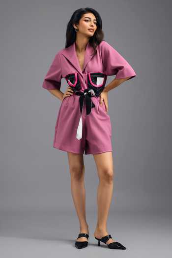 Deepika Arora_Pink Tailored Neon Color Block Jumpsuit With Belt _at_Aza_Fashions