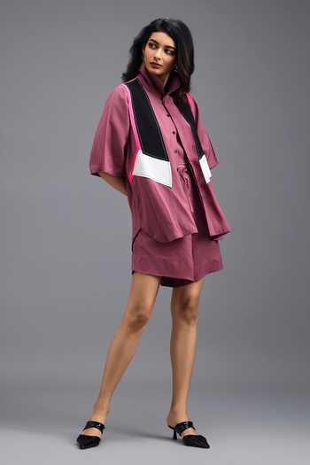 Buy Deepika Arora Pink Linen Mandarin Collar Geometric Panelled Top And Shorts Set Online at Aza Fashions Buy_Deepika Arora_Pink Linen Mandarin Collar Geometric Panelled Top And Shorts Set _Online_at_Aza_Fashions