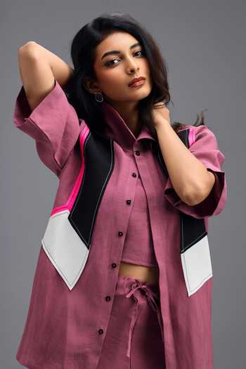 Buy Deepika Arora Pink Linen Mandarin Collar Geometric Panel Shirt Online at Aza Fashions Buy_Deepika Arora_Pink Linen Mandarin Collar Geometric Panel Shirt _Online_at_Aza_Fashions