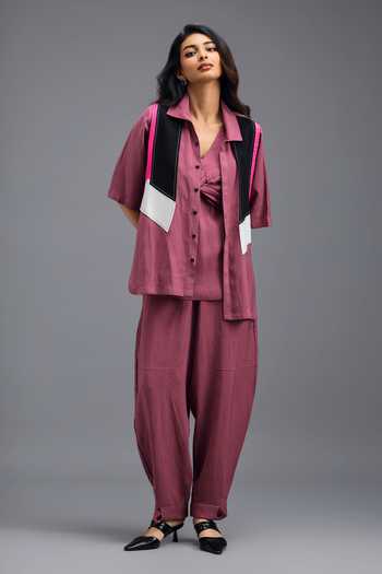 Deepika Arora_Pink Linen Mandarin Collar Jacket Set _Online_at_Aza_Fashions