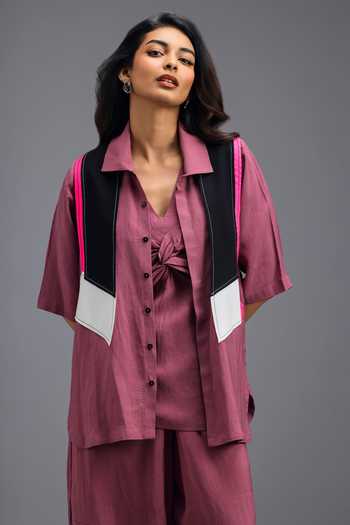 Shop_Deepika Arora_Pink Linen Mandarin Collar Jacket Set _Online_at_Aza_Fashions