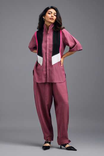 Deepika Arora_Pink Linen Mandarin Collar Jacket Set _at_Aza_Fashions