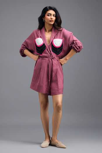 Shop Deepika Arora Pink Linen Colorblock Jumpsuit Shop_Deepika Arora_Pink Linen Colorblock Jumpsuit