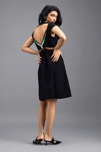 Deepika Arora_Black Roma Collared Neck Waist Cut Out Short Dress _Online_at_Aza_Fashions