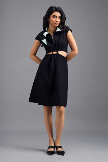 Shop_Deepika Arora_Black Roma Collared Neck Waist Cut Out Short Dress _Online_at_Aza_Fashions