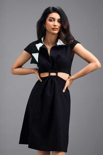 Buy_Deepika Arora_Black Roma Collared Neck Waist Cut Out Short Dress 