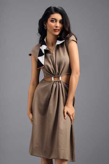 Deepika Arora_Brown Roma Collared Neck Cut Out Dress _at_Aza_Fashions