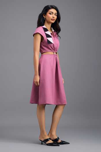 Buy Deepika Arora Pink Roma Collared Neck Fit And Flare Midi Dress Online at Aza Fashions Buy_Deepika Arora_Pink Roma Collared Neck Fit And Flare Midi Dress _Online_at_Aza_Fashions