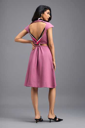 Shop Deepika Arora Pink Roma Collared Neck Fit And Flare Midi Dress Online at Aza Fashions Shop_Deepika Arora_Pink Roma Collared Neck Fit And Flare Midi Dress _Online_at_Aza_Fashions