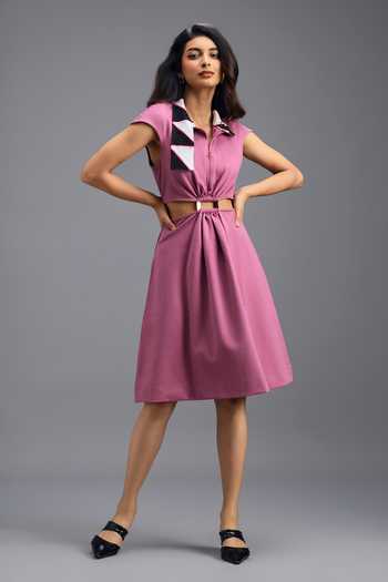Deepika Arora Pink Roma Collared Neck Fit And Flare Midi Dress at Aza Fashions Deepika Arora_Pink Roma Collared Neck Fit And Flare Midi Dress _at_Aza_Fashions