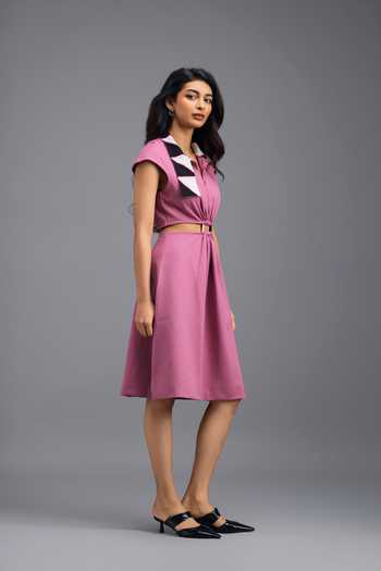 Shop Deepika Arora Pink Roma Collared Neck Fit And Flare Midi Dress Shop_Deepika Arora_Pink Roma Collared Neck Fit And Flare Midi Dress