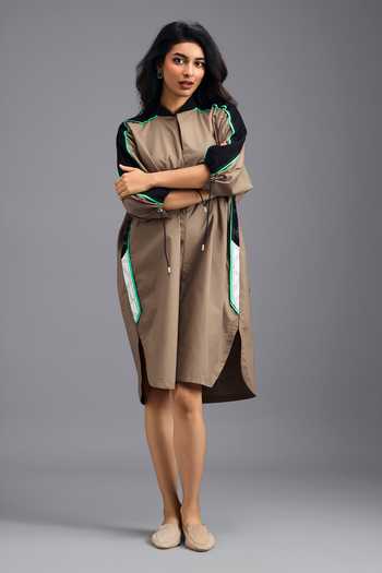 Deepika Arora_Brown Cotton Mandarin Collar Oversized Boxy Midi Dress _Online_at_Aza_Fashions