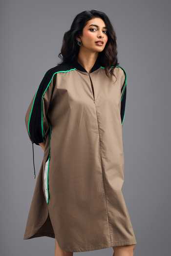 Shop_Deepika Arora_Brown Cotton Mandarin Collar Oversized Boxy Midi Dress _Online_at_Aza_Fashions