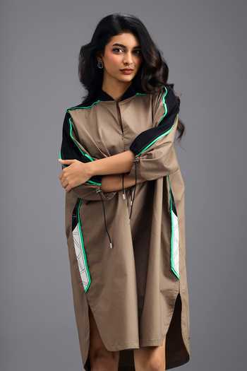 Deepika Arora_Brown Cotton Mandarin Collar Oversized Boxy Midi Dress _at_Aza_Fashions