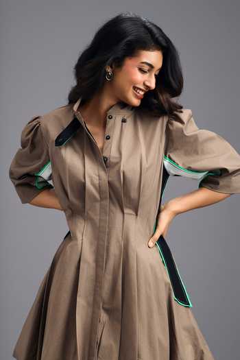 Deepika Arora_Brown Cotton Mandarin Collar Pleated Panelled Dress _Online_at_Aza_Fashions