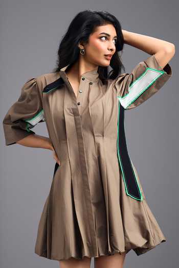 Buy_Deepika Arora_Brown Cotton Mandarin Collar Pleated Panelled Dress _Online_at_Aza_Fashions