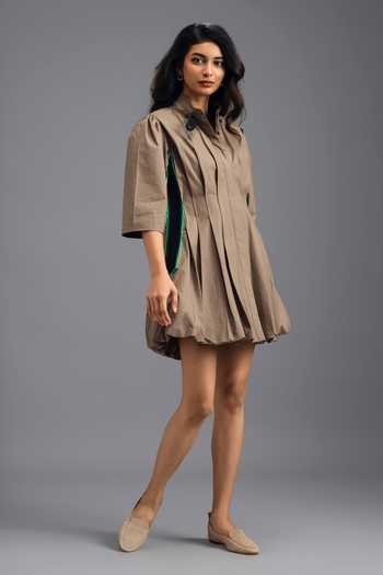Deepika Arora_Brown Cotton Mandarin Collar Pleated Panelled Dress _at_Aza_Fashions
