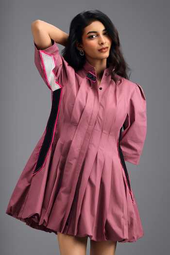 Deepika Arora Pink Cotton Mandarin Collar Pleated Short Dress Online at Aza Fashions Deepika Arora_Pink Cotton Mandarin Collar Pleated Short Dress _Online_at_Aza_Fashions