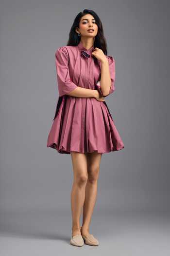 Buy Deepika Arora Pink Cotton Mandarin Collar Pleated Short Dress Online at Aza Fashions Buy_Deepika Arora_Pink Cotton Mandarin Collar Pleated Short Dress _Online_at_Aza_Fashions