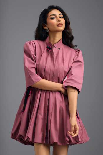 Deepika Arora Pink Cotton Mandarin Collar Pleated Short Dress at Aza Fashions Deepika Arora_Pink Cotton Mandarin Collar Pleated Short Dress _at_Aza_Fashions