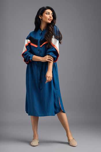 Deepika Arora_Blue Linen Mandarin Collar Midi Dress _Online_at_Aza_Fashions