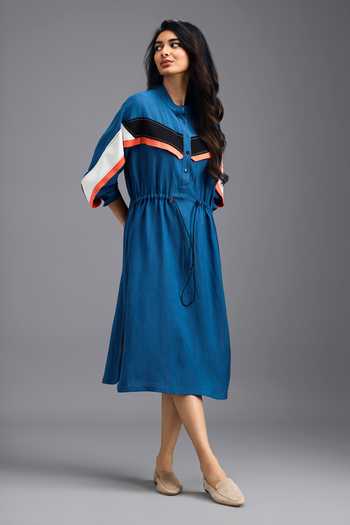 Buy_Deepika Arora_Blue Linen Mandarin Collar Midi Dress _Online_at_Aza_Fashions