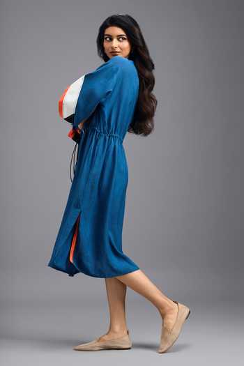 Shop_Deepika Arora_Blue Linen Mandarin Collar Midi Dress _Online_at_Aza_Fashions