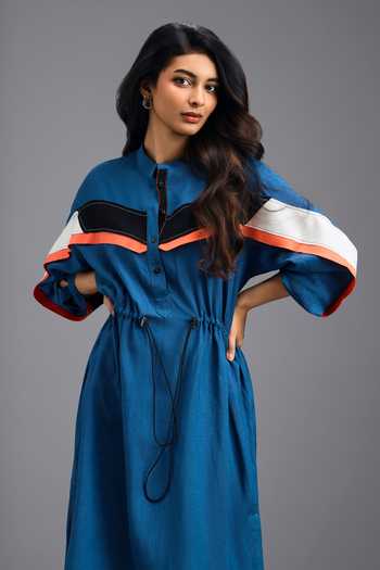 Buy_Deepika Arora_Blue Linen Mandarin Collar Midi Dress 