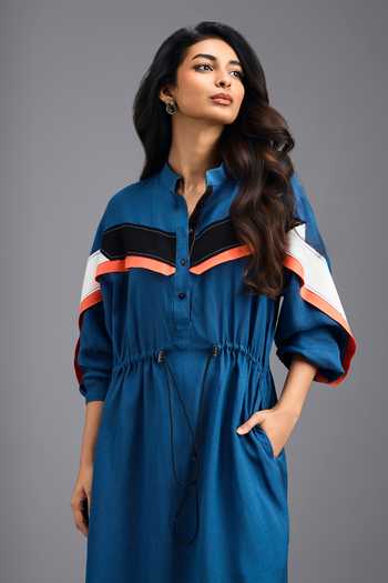 Shop_Deepika Arora_Blue Linen Mandarin Collar Midi Dress 