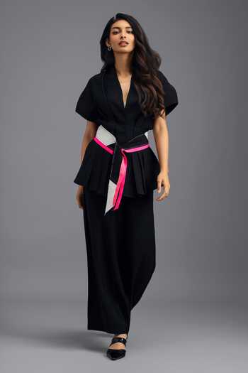 Deepika Arora_Black Linen V-neck Top And Pant Set _Online_at_Aza_Fashions