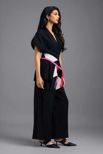 Shop_Deepika Arora_Black Linen V-neck Top And Pant Set _Online_at_Aza_Fashions