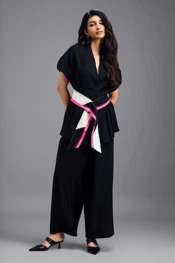 Deepika Arora_Black Linen V-neck Top And Pant Set _at_Aza_Fashions