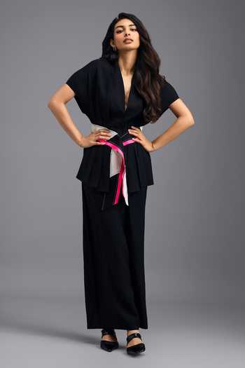 Deepika Arora_Black Linen V-neck Pleated Tuck Detail Top With Belt _at_Aza_Fashions