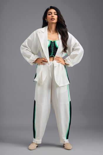 Buy_Deepika Arora_White Linen Collared Neck, Sweetheart Neon Geometric Pattern Shirt With Bustier _Online_at_Aza_Fashions