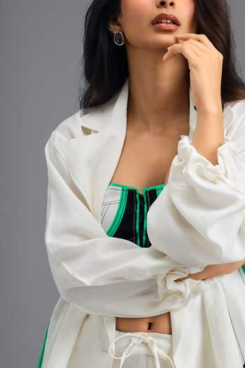 Buy_Deepika Arora_White Linen Collared Neck, Sweetheart Neon Geometric Pattern Shirt With Bustier 