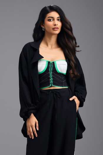 Shop Deepika Arora Black Linen Open , Bandeau Neon Geometric Jacket And Pant Set Shop_Deepika Arora_Black Linen Open , Bandeau Neon Geometric Jacket And Pant Set