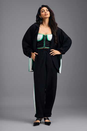 Deepika Arora Black Linen Open , Sweetheart Shirt And Bustier Set at Aza Fashions Deepika Arora_Black Linen Open , Sweetheart Shirt And Bustier Set _at_Aza_Fashions
