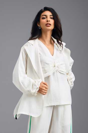 Buy Deepika Arora White Linen Open Neck, Jacket And Trouser Set Buy_Deepika Arora_White Linen Open Neck, Jacket And Trouser Set