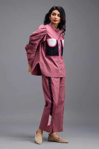 Shop Deepika Arora Pink Cotton V-neck Shirt And Pant Set Online at Aza Fashions Shop_Deepika Arora_Pink Cotton V-neck Shirt And Pant Set _Online_at_Aza_Fashions