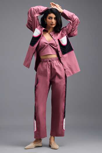Shop Deepika Arora Pink Cotton V-neck Shirt And Pant Set Shop_Deepika Arora_Pink Cotton V-neck Shirt And Pant Set