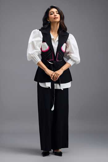 Shop Deepika Arora Black Linen Collared Neck Neon Panelled Vest Trouser Set Online at Aza Fashions Shop_Deepika Arora_Black Linen Collared Neck Neon Panelled Vest Trouser Set _Online_at_Aza_Fashions